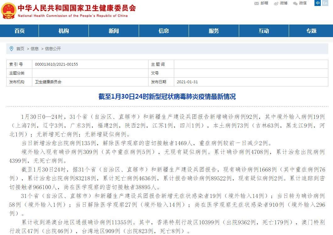 31省新增本土确诊8例_31省新增确诊92例 本土73例
